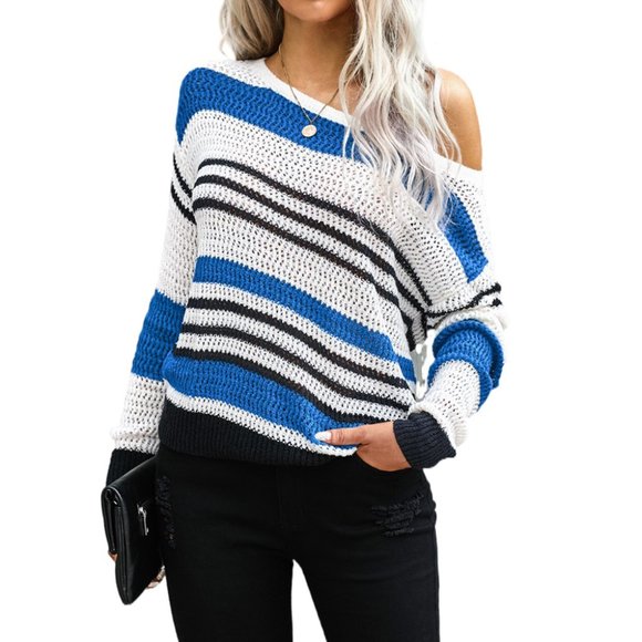 Sweaters - Blue Loose Fit Striped Pattern Sweater
